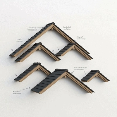 Diagram illustrating different roof pitches, from low to high, with arrows indicating water runoff and aesthetic impact.
