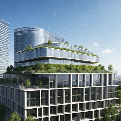Modern building with a green roof, showing sustainable architecture and urban integration