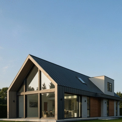 Modern house with a prominent gable roof design, shedding rain efficiently.
