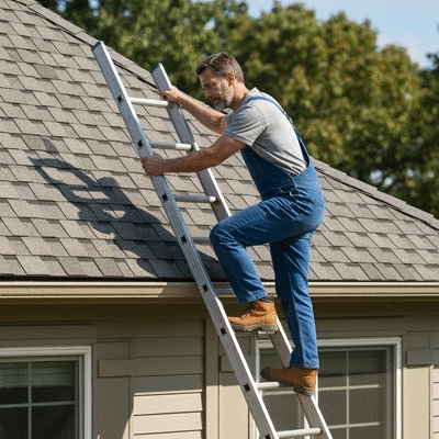 Homeowner on a ladder inspecting roof shingles