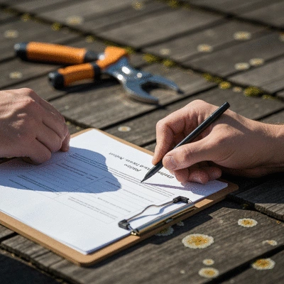 Close-up of hands marking a roof maintenance checklist on a clipboard