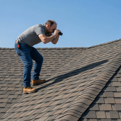 Homeowner inspecting roof for leaks with a ladder
