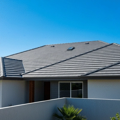 Modern house with a newly installed, aesthetically pleasing roof under a clear sky, no text, no words, no typography, 8K