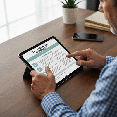 Homeowner reviewing a storm damage preparedness checklist on a tablet
