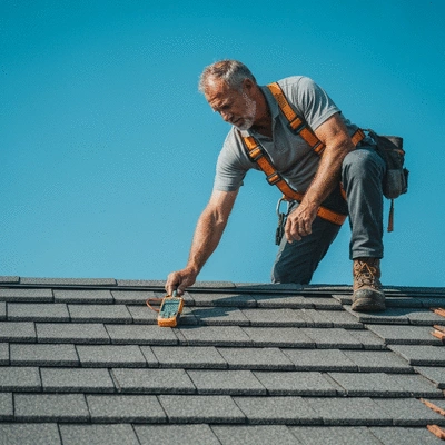Professional roof inspector using a moisture meter on a roof, demonstrating attention to detail and safety, no text, no words, no typography, clean image
