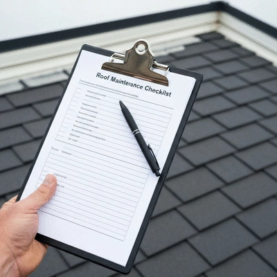 Close-up of a hand holding a clipboard with a roof maintenance checklist, a pen, and a clean roof in the background, professional and clear, no text, no words, no typography, 8K