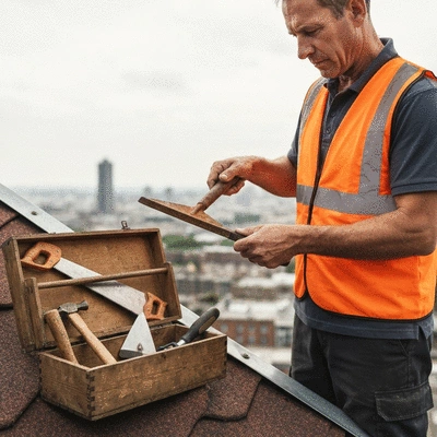 A roofer on a roof, carefully inspecting and cleaning a roofing tool, with other tools organized in a toolbox nearby. no text, no words, no typography, no labels, clean image