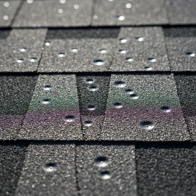 Close-up of a damaged roof shingle with hail marks