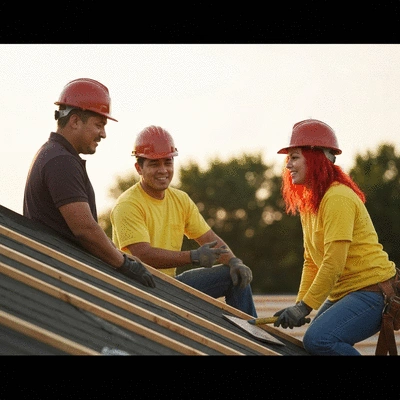 Roofing team in safety gear discussing plans on a job site, emphasizing teamwork and safety, no text, no words, no typography, 8K, clean image