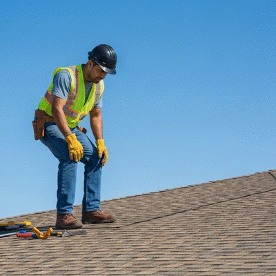 Professional roofer on a residential roof performing an inspection, with tools visible, safety gear, clear sky, sunny day, no text, no words, no typography, clean image