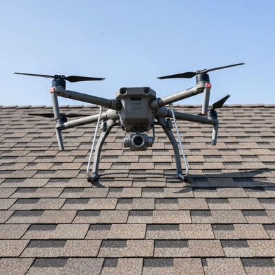 Drone inspecting a residential roof, clear day, no text, no words, no typography, 8K, professional photography
