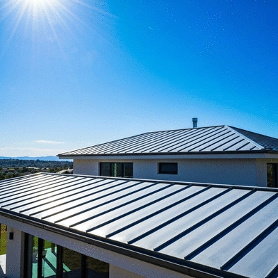 Modern house with a metal roof under a bright sunny sky, reflecting heat, no text, no words, no typography, clean image