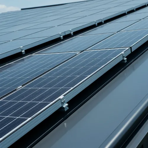Modern roof with solar panels and clear sky